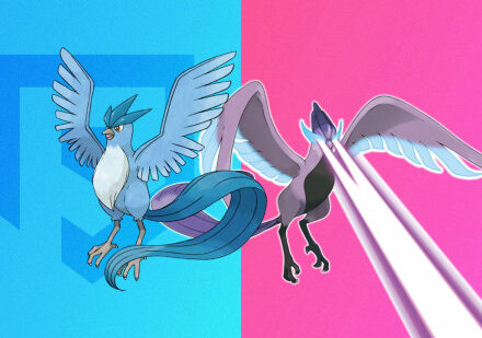 The two forms of the Pokemon Articuno on a blue and pink background