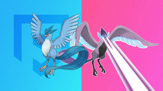 The two forms of the Pokemon Articuno on a blue and pink background