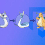 Pokemon Dratini: dratinin, dragonair, and dragonite in front of blue circles