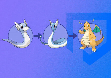Pokemon Dratini: dratinin, dragonair, and dragonite in front of blue circles