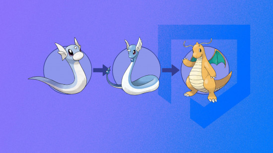 Pokemon Dratini: dratinin, dragonair, and dragonite in front of blue circles