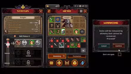 TBH: Task Bar Hero showing a Level 4 hero, the Cube menu, and an Alchemy warning popup before selling items.