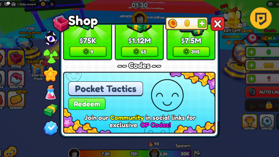 Launch a Wheel codes: A screenshot of the codes menu with Pocket Tactics in the slot and a PT logo in the top right corner