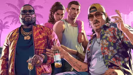 collage of gta 6 character art with a pink background