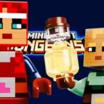 Two LEGO Minecraft minifigures in front of a Minecraft Dungeons logo on a dark blue background.