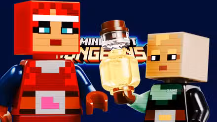 Two LEGO Minecraft minifigures in front of a Minecraft Dungeons logo on a dark blue background.