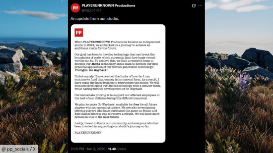 Prologue Go Wayback development ends, studio restructure: PlayerUnknown Productions statement
