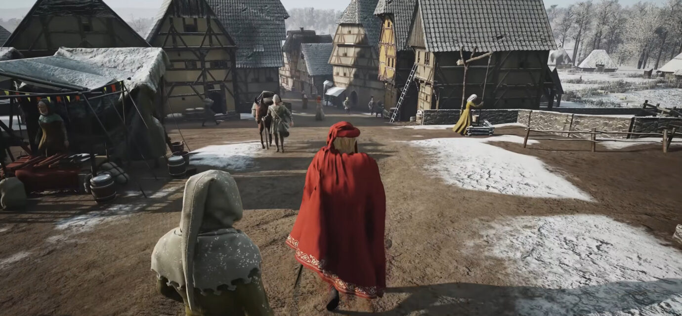 Manor Lords update 7 patch notes - A noble in red walks through a snowy village.