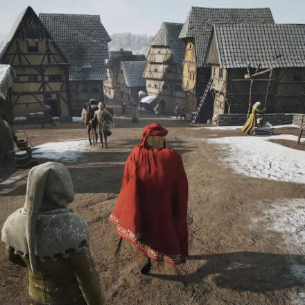 Manor Lords update 7 patch notes - A noble in red walks through a snowy village.