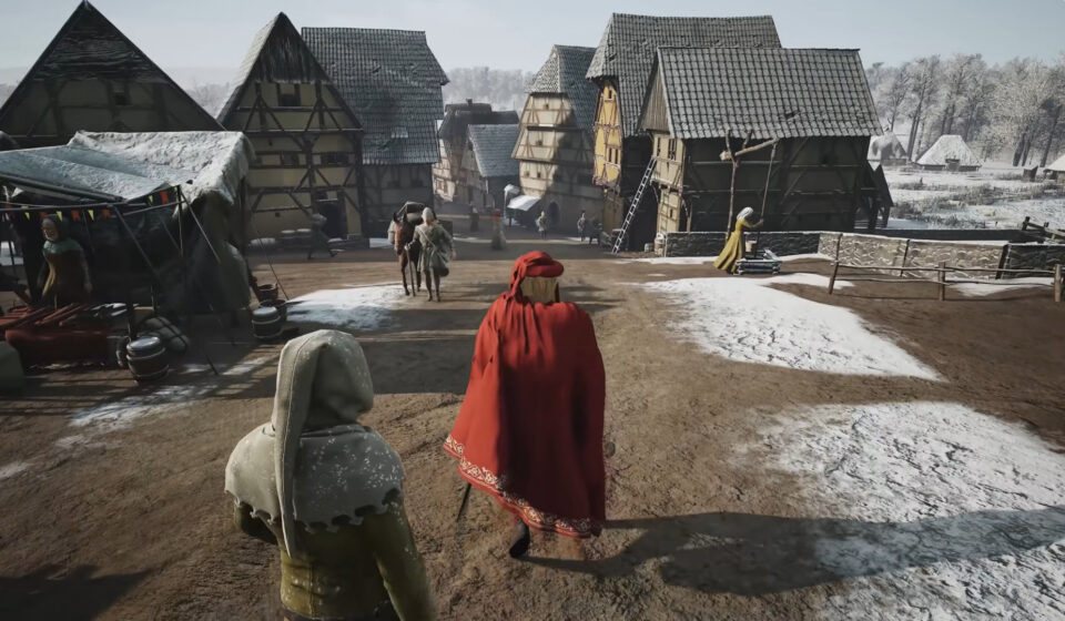 Atualização do Manor Lords: Sistemas Devolvidos ao Normal! Manor Lords update 7 patch notes - A noble in red walks through a snowy village.