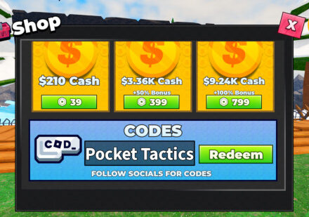 Roll to Defend codes: A screenshot of the codes box in Roll to Defend with Pocket Tactics in the slot and a PT logo in the top right corner
