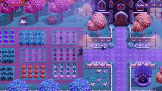 Data de Lançamento de Moonlight Peaks: Dicas e Trailers Atualizados Moonlight Peaks release date: a young vampire bat walks around a purple-colored farm