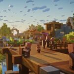 Screenshot of Minecraft, with characters standing on a wooden bridge