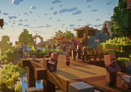 Screenshot of Minecraft, with characters standing on a wooden bridge