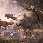 An image of several fantasy characters riding large wolves through a forest area