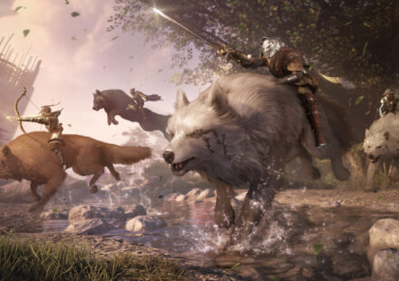 An image of several fantasy characters riding large wolves through a forest area