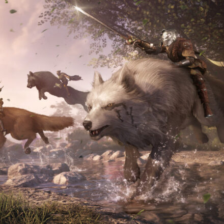 An image of several fantasy characters riding large wolves through a forest area