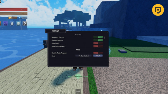 Rogue Piece codes redemption screen on a dock next to the sea