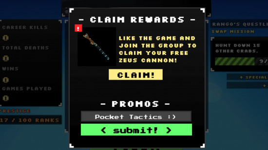 Crab Royale codes redemption screen with Pocket Tactics filled in where the code goes.