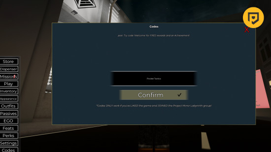 Project Mirror Labyrinth codes: An image of the code redemption box in Roblox.