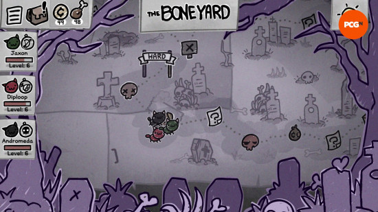How to beat Mewgenics Dybbuk: a hand drawn, cartoonish depiction of a cemetary.