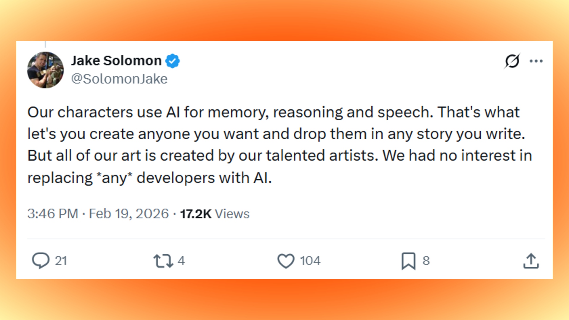 A screenshot of an X post set against an orange background