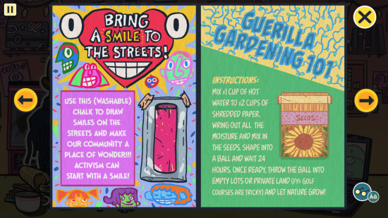 Wax Heads preview: The zine from Wax Heads showing a page dedicated to free chalk to draw smiley faces, and another dedicated to guerilla gardening with a seed packet