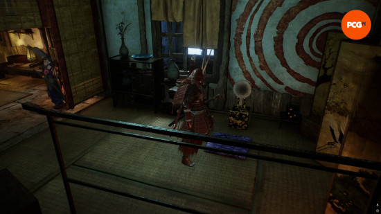 How to change appearance in Nioh 3: a samurai stands before a small mirror