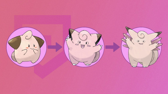 Pokemon Clefable: Clefable, Clefairy, and Cleffa in pink circles in front of a pink background