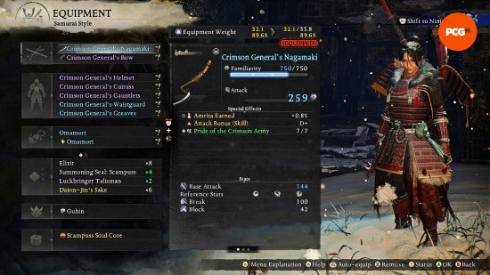The equipment menu in Nioh 3 displaying the stats for the best build for the samurai in the early game.
