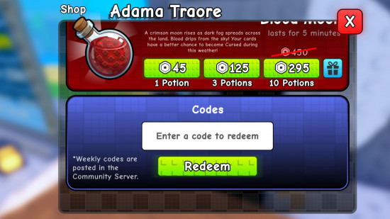 The code redeem screen in Spin a Soccer Card.