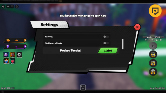 Titan Fishing codes: A screenshot of the codes imput menu with Pocket Tactics in the box and a PT logo in the top right corner
