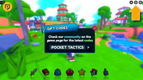 Anime Weapons codes: The codes box in Anime Weapons with POCKET TACTICS in the box. A mango arrow points to the gift icon in the top right corner and there's a PT logo in the top left