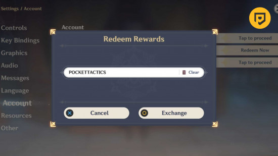 The Genshin Impact code redemption screen with 'POCKETTACTICS' in the text box