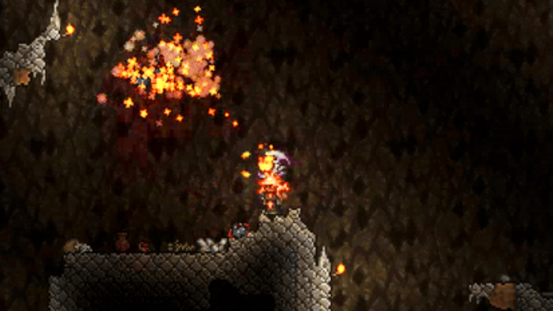 Terraria update 1.4.5.7 - A Flameburst Sentry Summon carried on the player's back fires at cave bats.