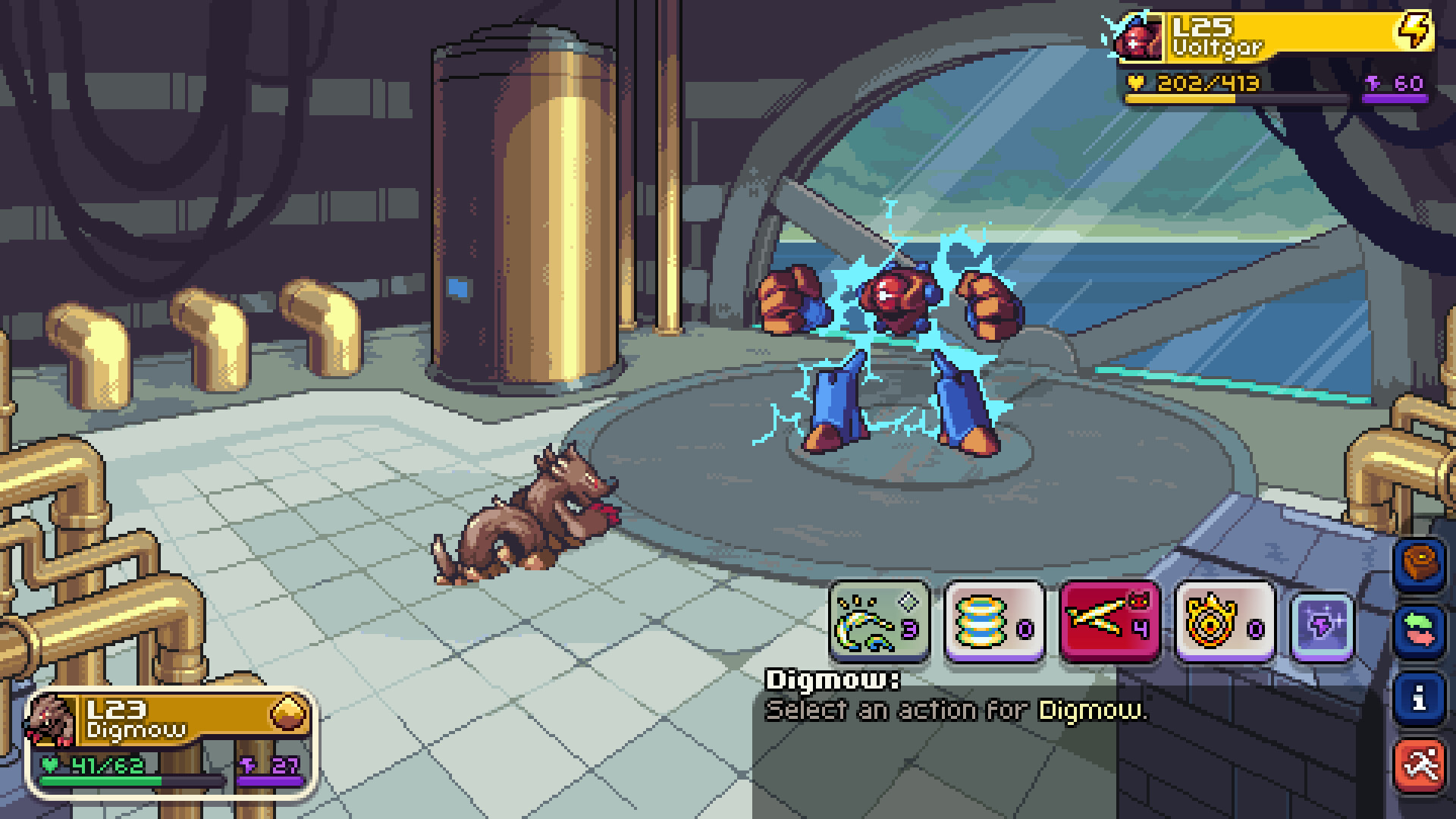 Indie Pass Coromon: An image of two monsters battling inside a lab area