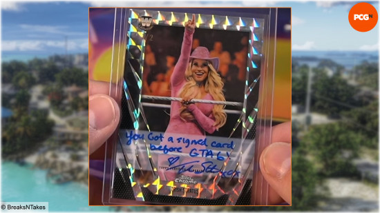 Even WWE legend Trish Stratus is throwing shade at GTA 6's delay. An image of the signed trading card.