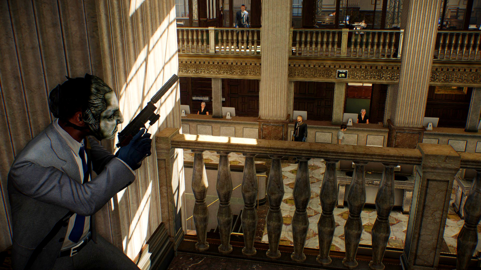 Payday 2 - A criminal in a suit takes cover in the upstairs of a large bank.