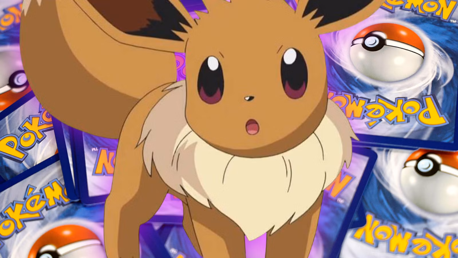 An image of Eevee on top of several Pokemon TCG cards piled up face down