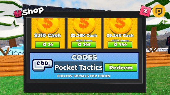 Roll to Defend codes: A screenshot of the codes box in Roll to Defend with Pocket Tactics in the slot and a PT logo in the top right corner