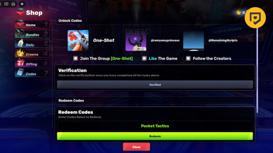 Overkill codes: A screenshot of the codes box with all the verification steps completed and Pocket Tactics in the box, with a PT logo in the top right corner