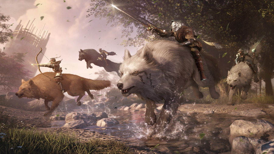 An image of several fantasy characters riding large wolves through a forest area