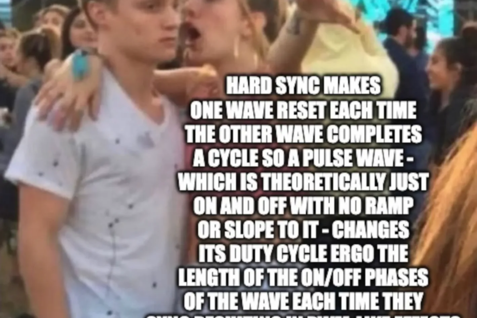 Girl explaining meme reading “hard sync makes one wave reset each time the other wave completes a cycle, so a pulse wave - which is theoretically just on or off with no slope to it - changes its duty cycle, ergo the length of the on / off phases of the wave each time they sync resulting in PWM-like effects.”