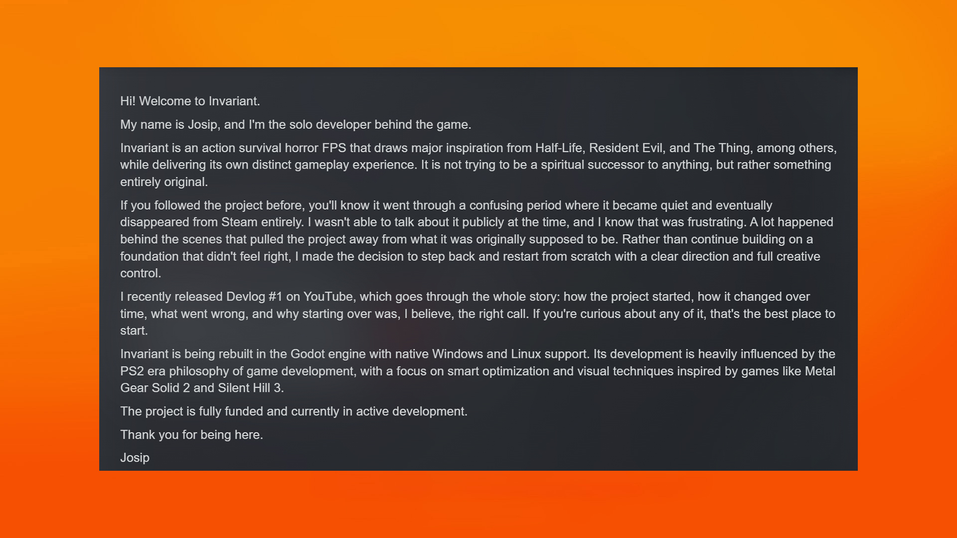 Invariant statement from the solo developer