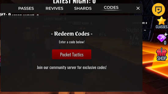 Night At The Infirmary codes: An image of the code redemption box in Roblox.