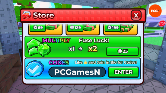 Make Soccer Players codes: A screenshot of the codes box with PCGamesN in the slot and a PCGN logo in the top right corner