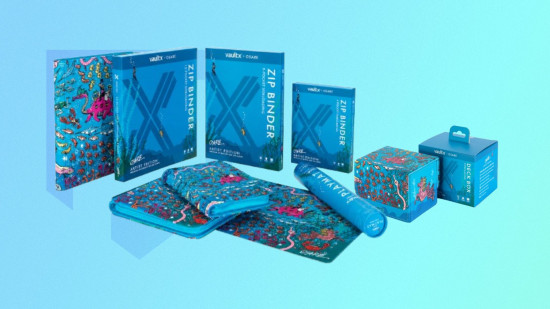 The vault x osare giveaway collection featuring card binders and a play mat